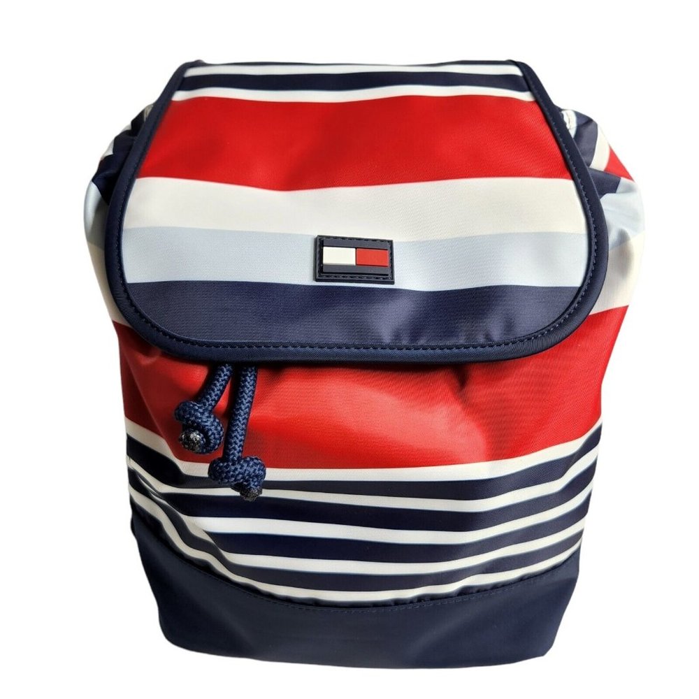 Tommy Hilfiger Drawstring Bucket Red White Blue Stripes Backpack Purse